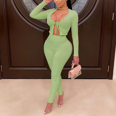 Solid Tied Long Sleeve Top & Pants Set