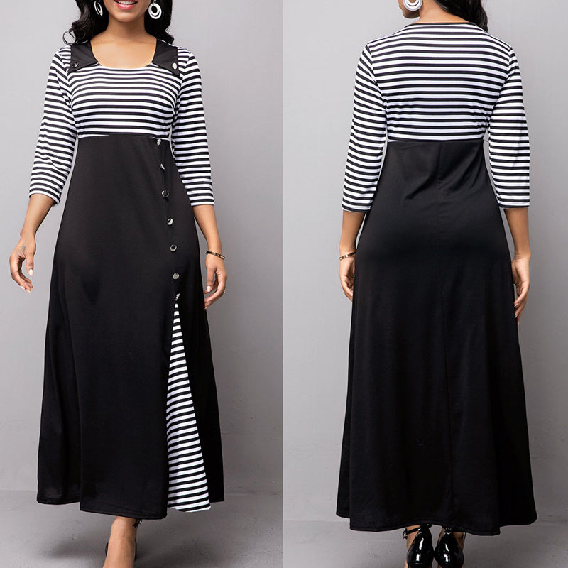 Round Neck Colorblock Button Detailed Irregular Long Dress