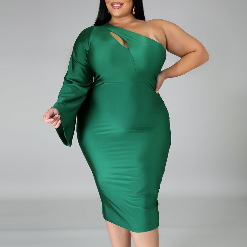 Solid One Shoulder Cut Out Plus Size Bodycon Dress
