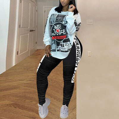 Queen Print Long Sleeve Loose Tops & Pleated Pants Sets