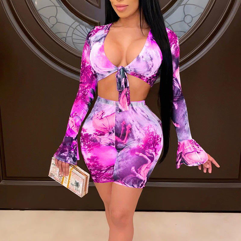 Tie Dye Print Flared Sleeve Crop Top & Shorts Set