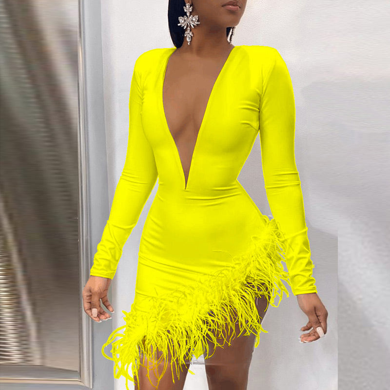 Solid Deep V-Neck Feather Design Bodycon Dress