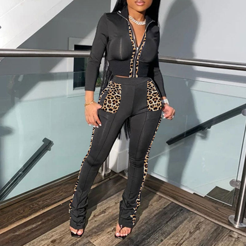 Leopard Print Long Sleeve Zipper Design Top & Pants Set