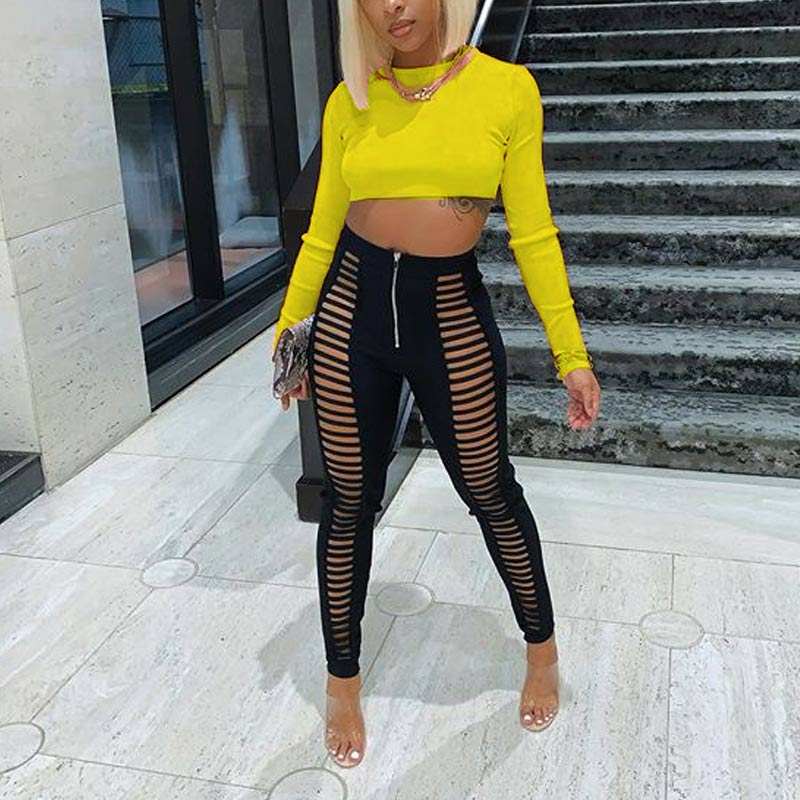 Solid Long Sleeve Crop Top & Cut Out Pants Set