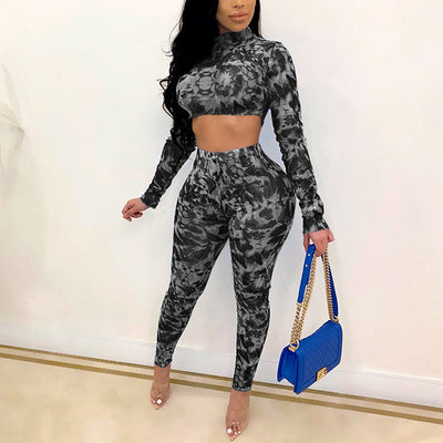 Print Long Sleeve Crop Top & Pants Set