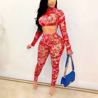 Print Long Sleeve Crop Top & Pants Set
