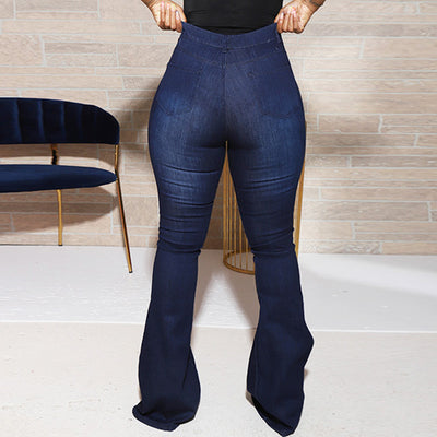 Solid High Waist Bell Bottom Denim Pants