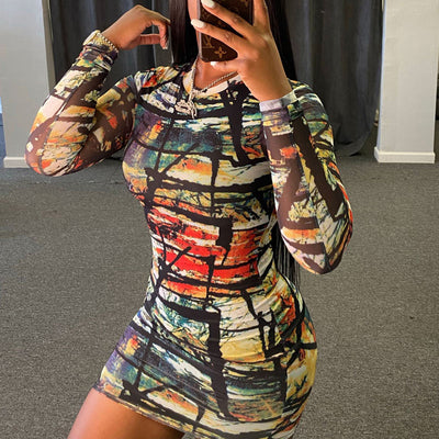 Tie Dye Print Colorblock Bodycon Dress