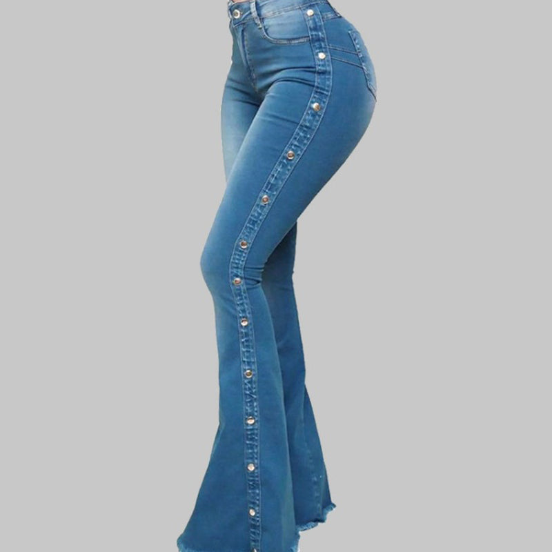 Denim Button Design High Waist Bell Bottom Jeans