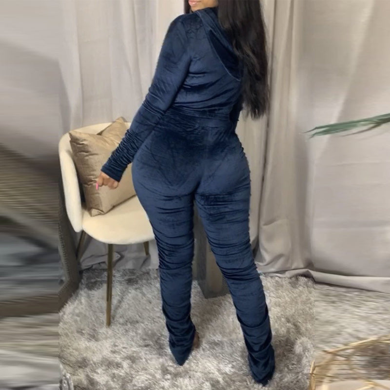 Solid Zipper Detail Pleated Design Crop Top & Pants Set