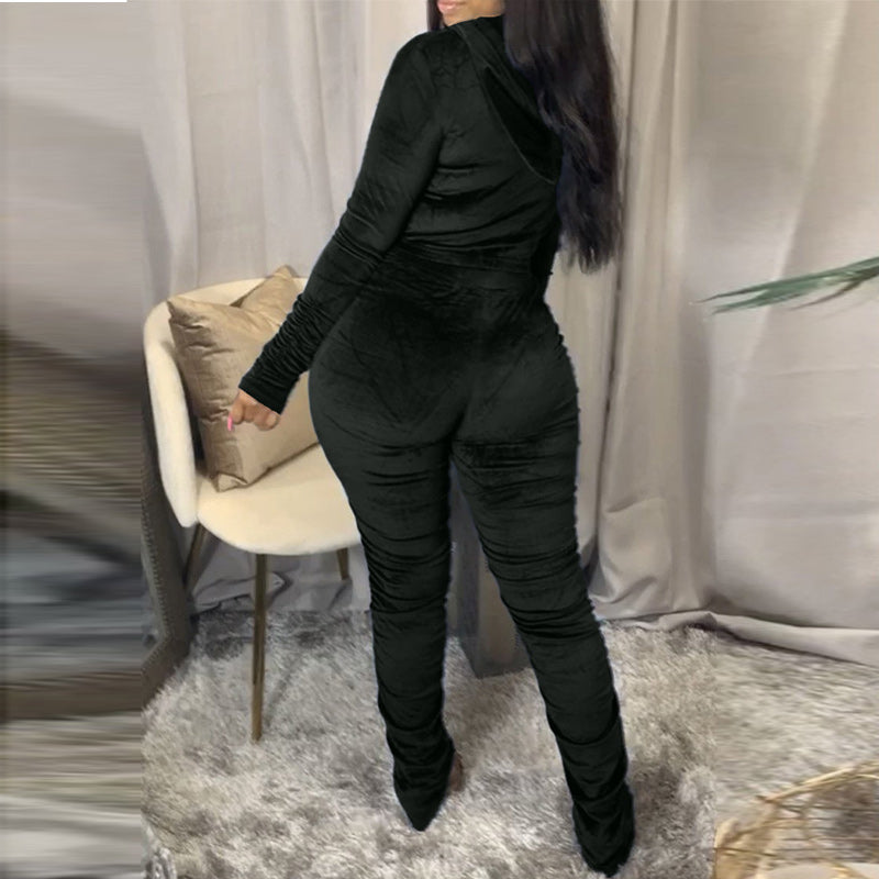 Solid Zipper Detail Pleated Design Crop Top & Pants Set