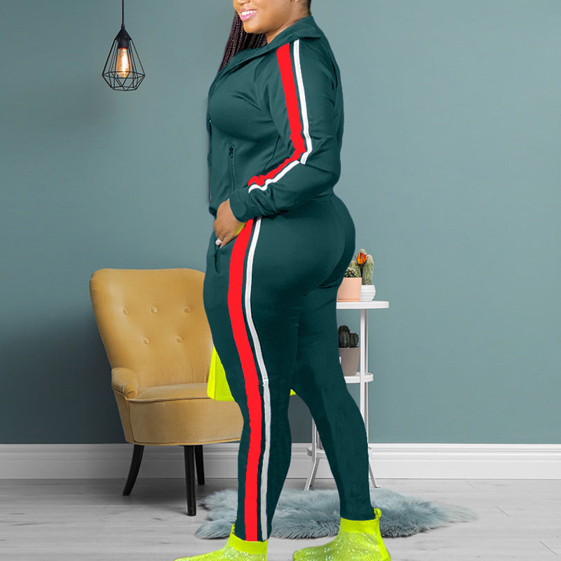 Colorblock Zipper Design Long Sleeve Hooded Top & Pants Set