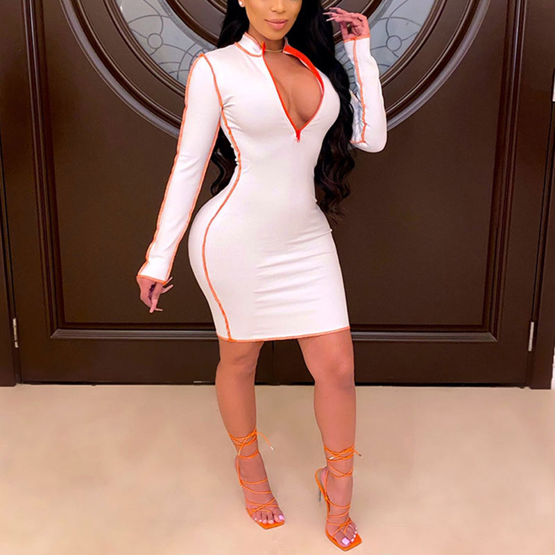 Colorblock Deep V-Neck Zipper Design Bodycon Dress