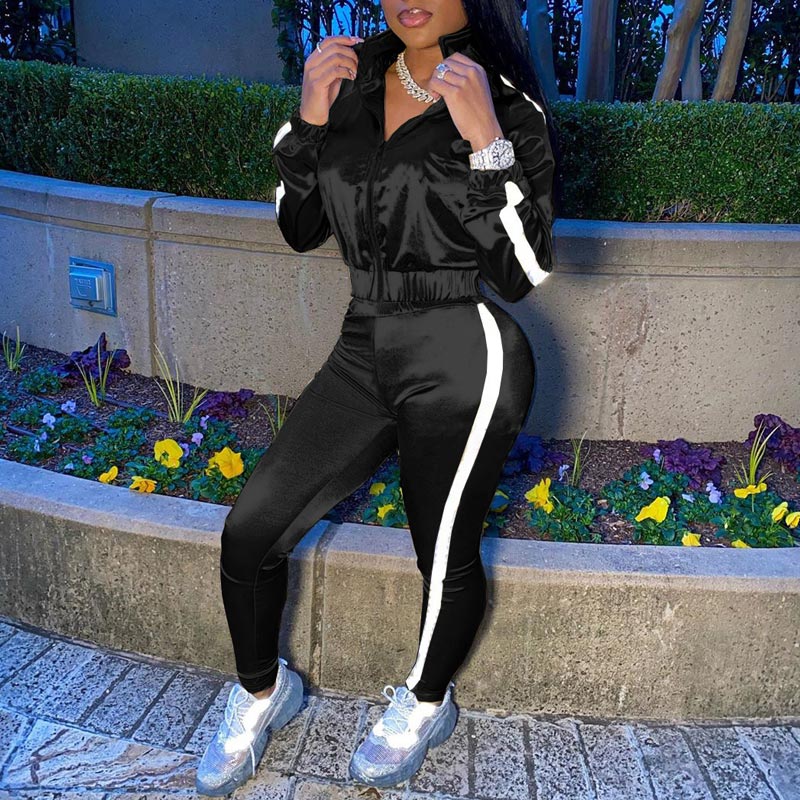 Solid Zipper Design Long Sleeve Top & Pants Set