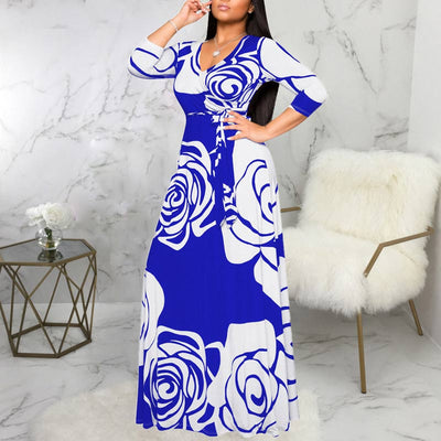 Fashion Floral Print V-Neck Long Sleeve Big Swing Maxi Dress