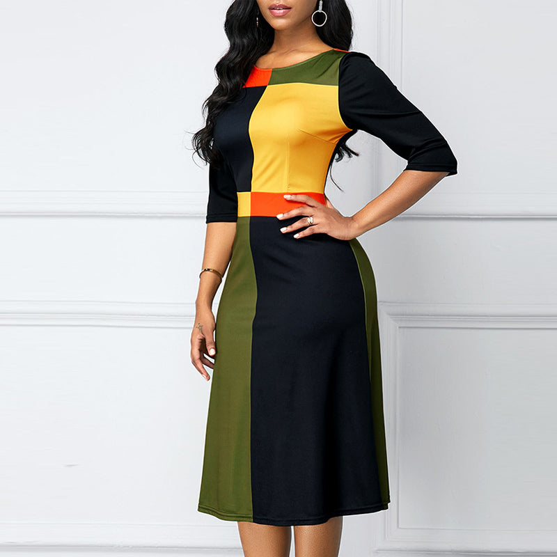 Contrast Print Round Neck Half Sleeve Dress