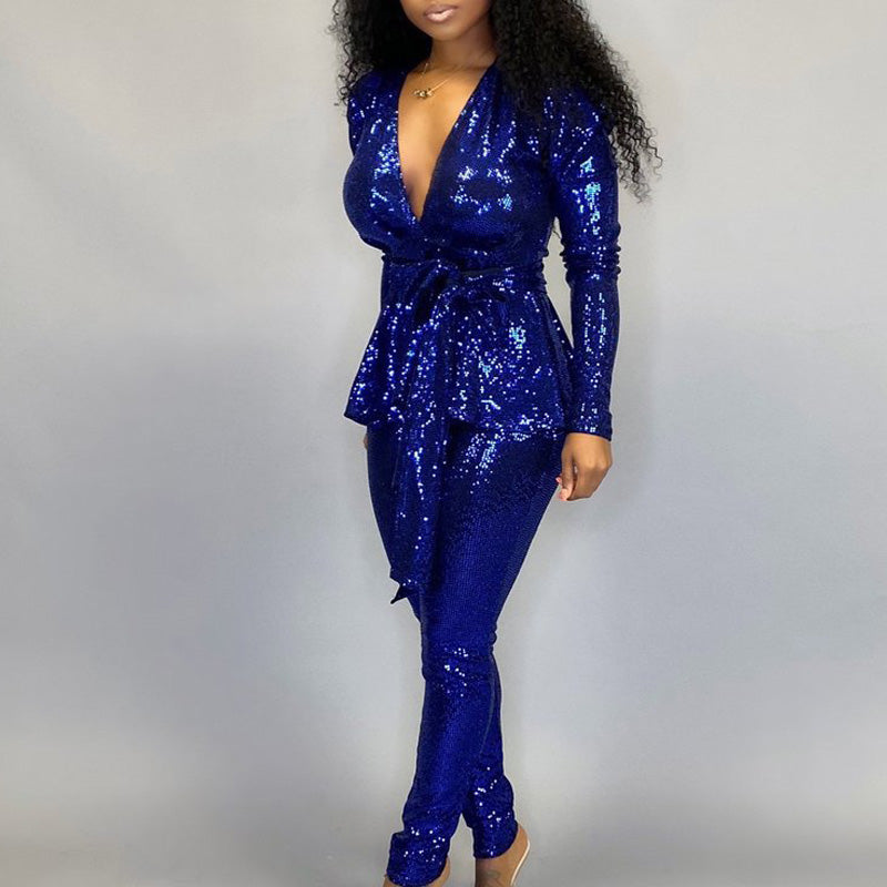 Solid Deep V-Neck Long Sleeve Two Piece Set With Belt
