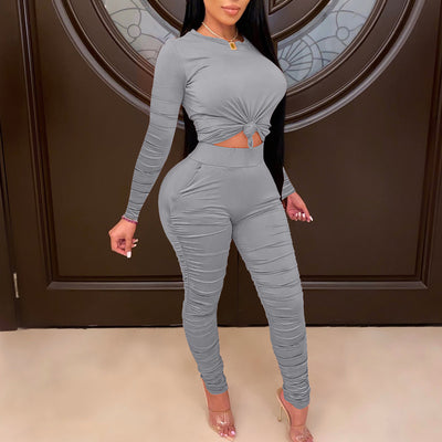Solid Round Neck Long Sleeve Top & Ruched Pants Set