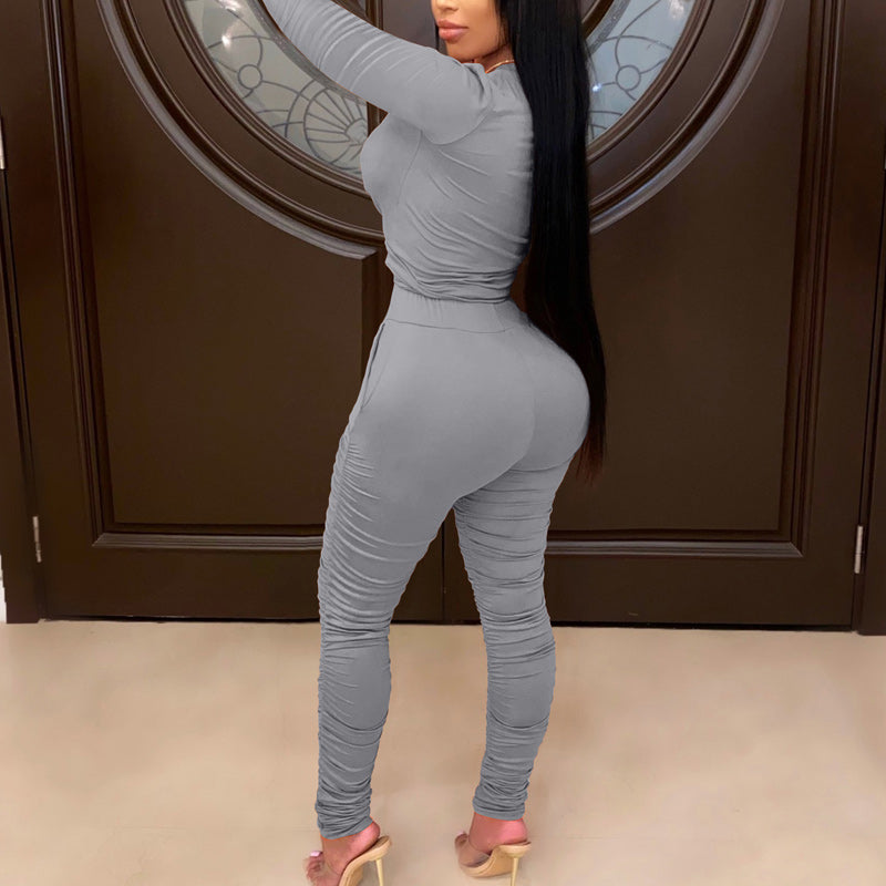 Solid Round Neck Long Sleeve Top & Ruched Pants Set