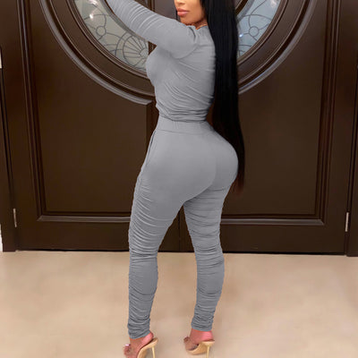 Solid Round Neck Long Sleeve Top & Ruched Pants Set