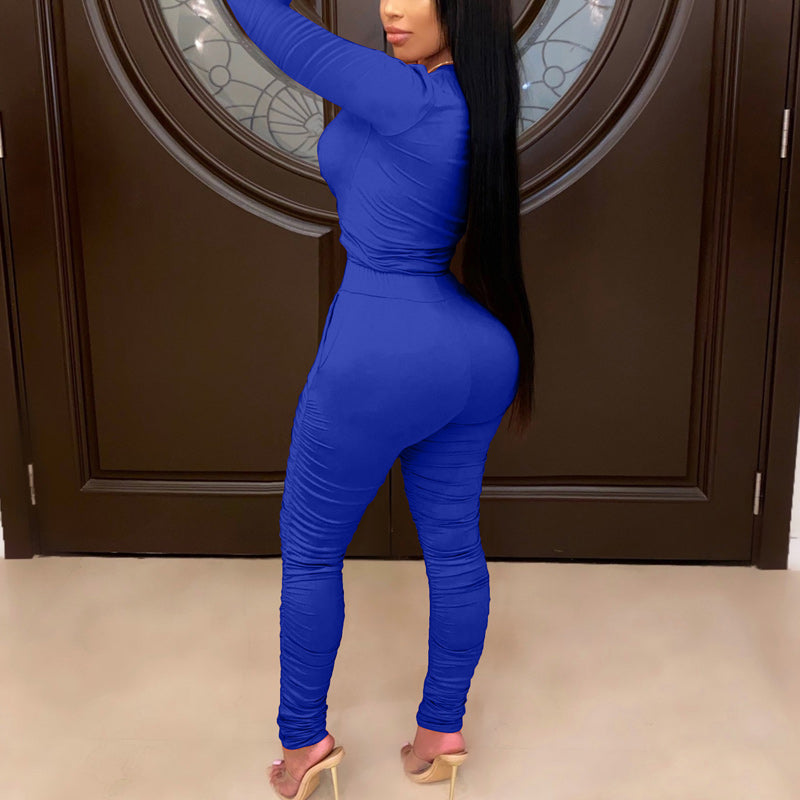 Solid Round Neck Long Sleeve Top & Ruched Pants Set