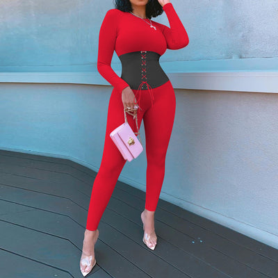 Colorblock Lace Up Long Sleeve Ribbed Jumpsuit