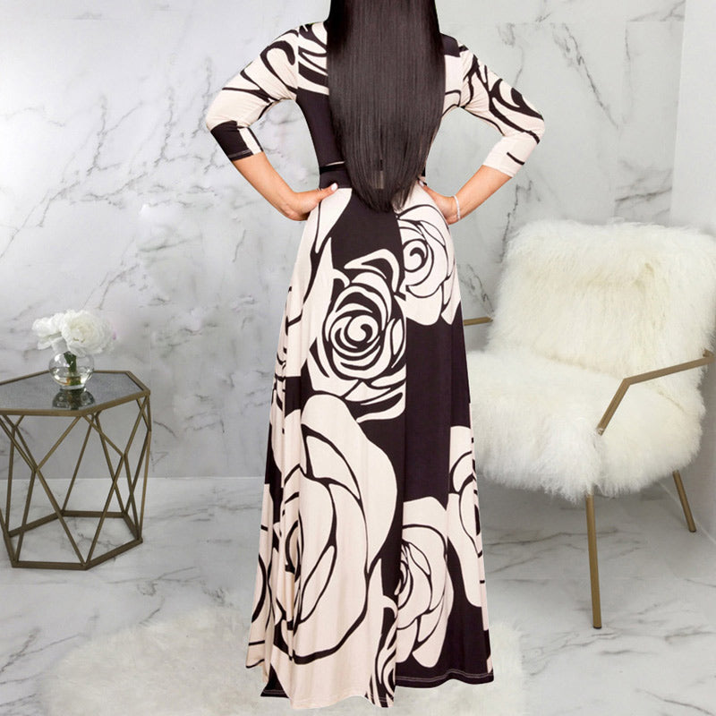 Fashion Floral Print V-Neck Long Sleeve Big Swing Maxi Dress