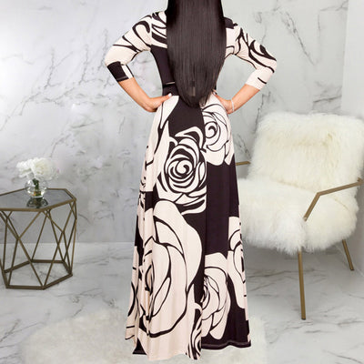 Fashion Floral Print V-Neck Long Sleeve Big Swing Maxi Dress