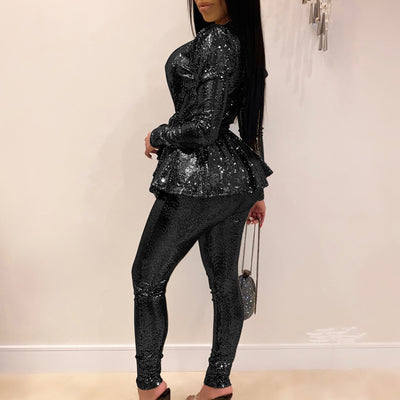 Solid Deep V-Neck Long Sleeve Two Piece Set With Belt