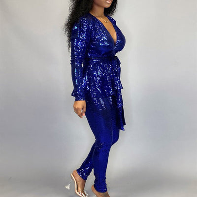 Solid Deep V-Neck Long Sleeve Two Piece Set With Belt