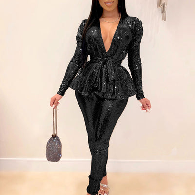 Solid Deep V-Neck Long Sleeve Two Piece Set With Belt