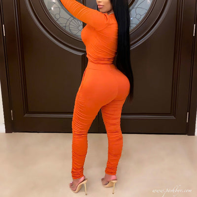 Solid Round Neck Long Sleeve Top & Ruched Pants Set