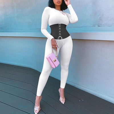Colorblock Lace Up Long Sleeve Ribbed Jumpsuit