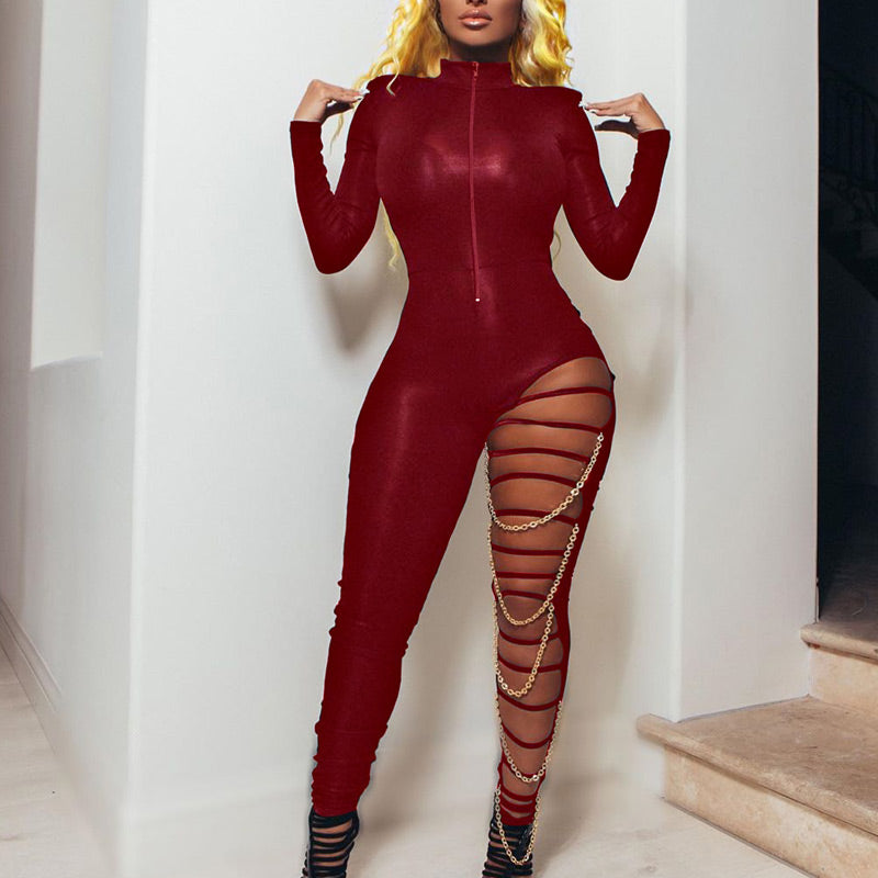 Solid V-Neck Chain Cutout Long Sleeve Jumpsuit