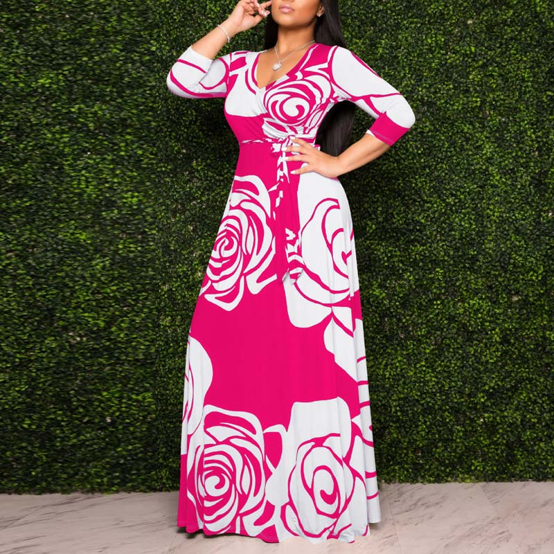 Fashion Floral Print V-Neck Long Sleeve Big Swing Maxi Dress