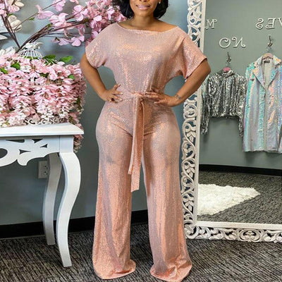 Fashion Sequins Half Sleeve One Shoulder Wide Leg Jumpsuit With Belt