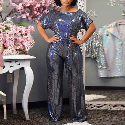 Fashion Sequins Half Sleeve One Shoulder Wide Leg Jumpsuit With Belt