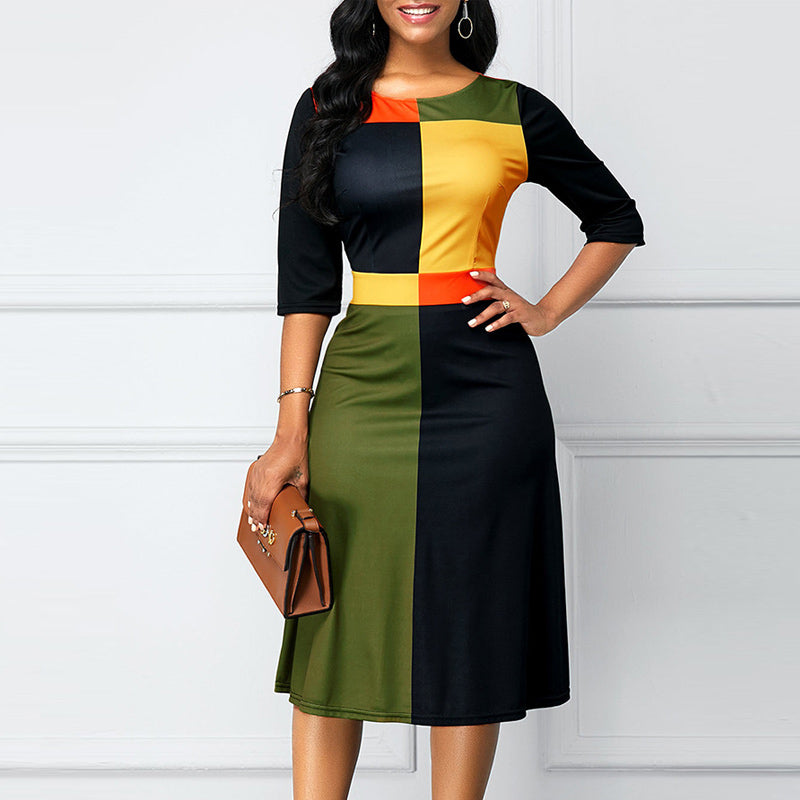 Contrast Print Round Neck Half Sleeve Dress