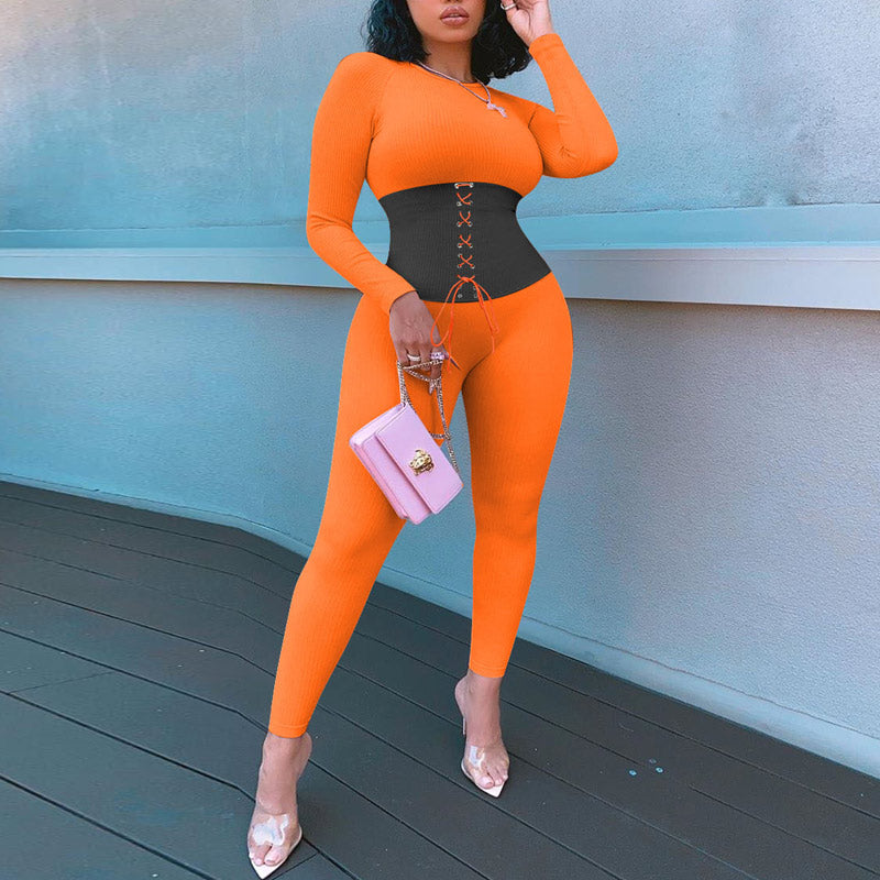 Colorblock Lace Up Long Sleeve Ribbed Jumpsuit
