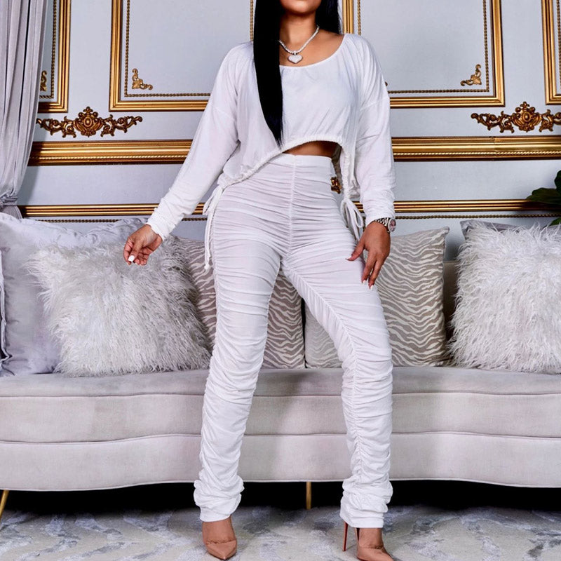 Drawstring Crop Top & Ruched Pants Set