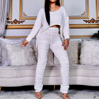 Drawstring Crop Top & Ruched Pants Set