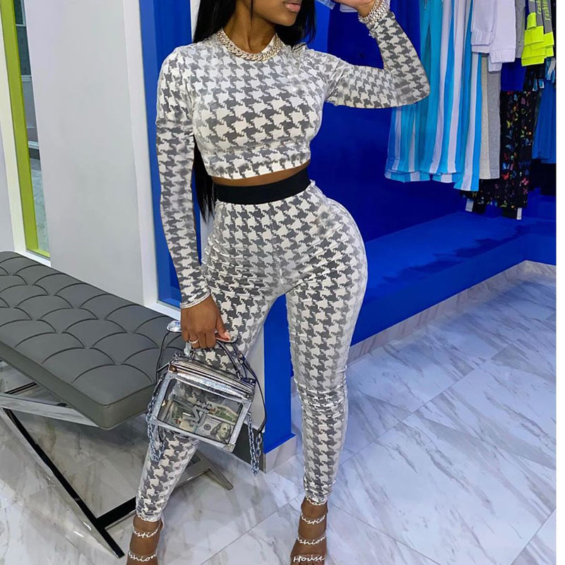Houndstooth Crop Top & High Waist Pants Set