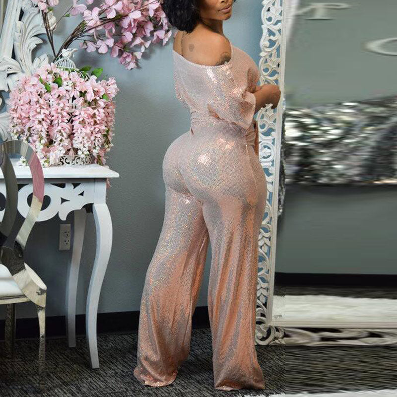 Fashion Sequins Half Sleeve One Shoulder Wide Leg Jumpsuit With Belt