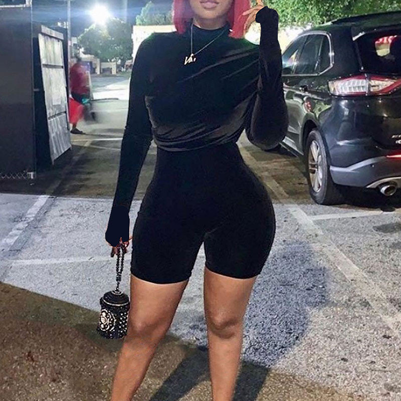 Solid Velvet Long Sleeve Romper