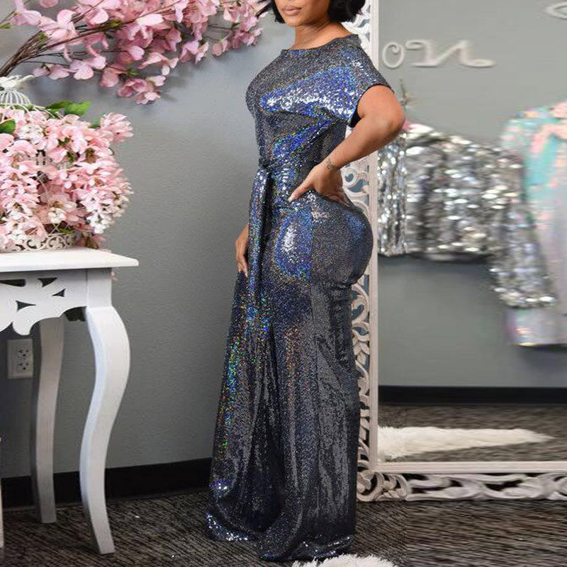 Fashion Sequins Half Sleeve One Shoulder Wide Leg Jumpsuit With Belt
