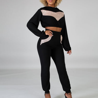 Sequin Patchwork Pocket Design Long Sleeve High Waist Pants Set