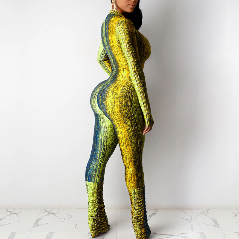 Colorblock V-Neck Long Sleeve Stacket Jumpsuit