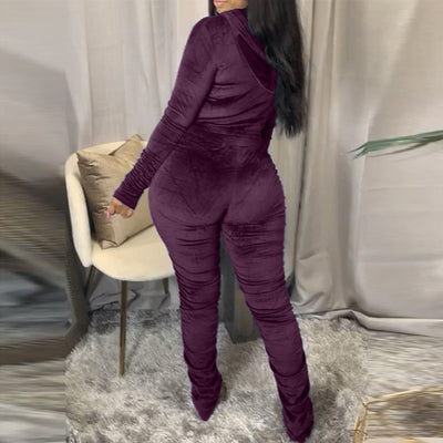 Solid Zipper Detail Pleated Design Crop Top & Pants Set
