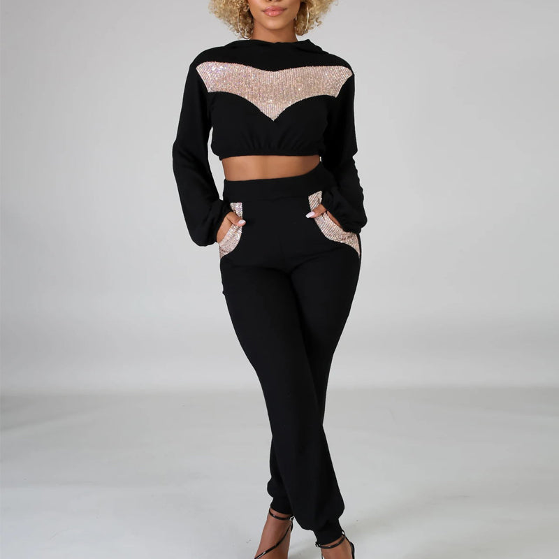 Sequin Patchwork Pocket Design Long Sleeve High Waist Pants Set