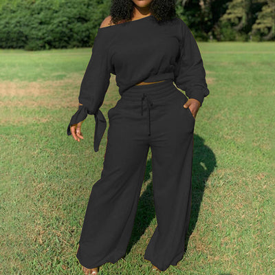 Solid One Shoulder Long Sleeve Pants Set